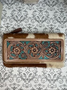 Cowhide Wallet with Tooled Floral Turquoise Inlay
